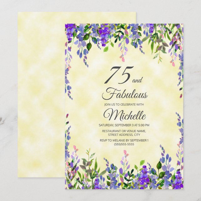 Invitation Aquarelle Lavande Jaune 75 & Anniversaire Fabuleux (Devant / Derrière)