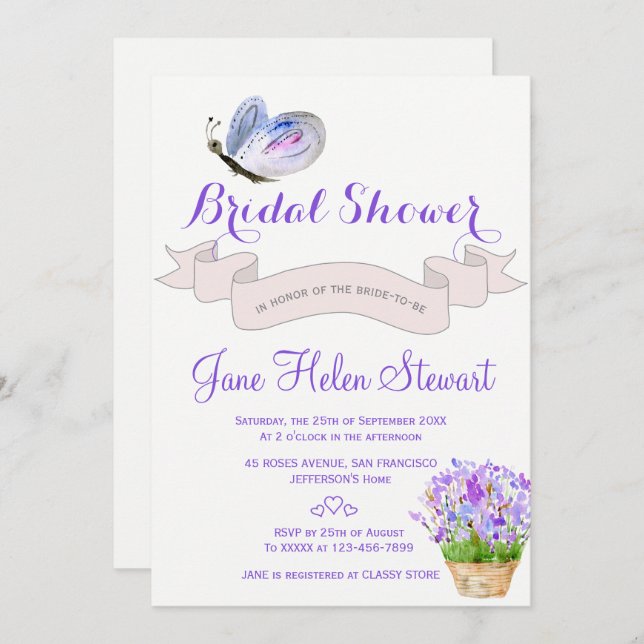 Invitation Aquarelle lavande papillon nuptiale (Devant / Derrière)