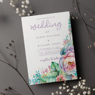 Invitation Aquarelle lavande rose menthe corail mariage flora