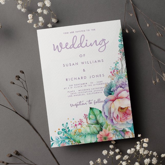 Invitation Aquarelle lavande rose menthe corail mariage flora (Watercolor lavender pink mint coral floral wedding)