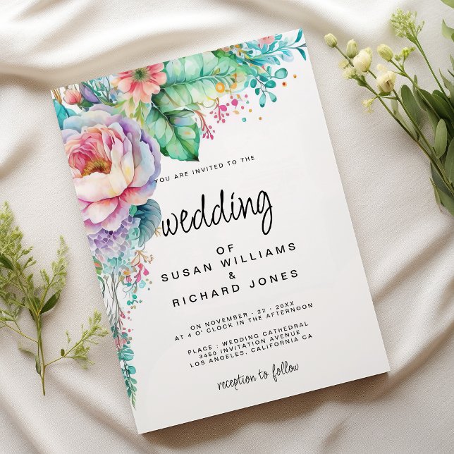 Invitation Aquarelle lavande rose menthe corail mariage flora (Watercolor lavender pink mint coral floral wedding)