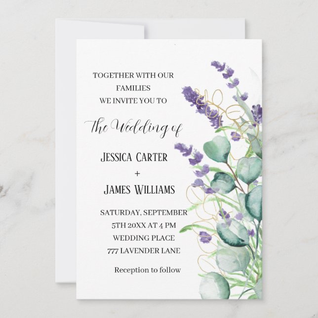 Invitation Aquarelle Lavande Russe Mariage Eucalyptus (Devant)