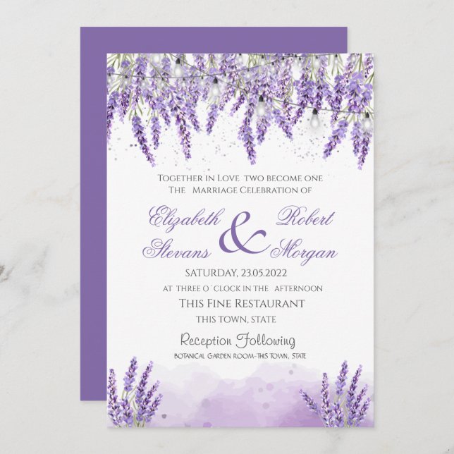 Invitation Aquarelle Lavander Fleurs Chaîne Lights Mariage (Devant / Derrière)