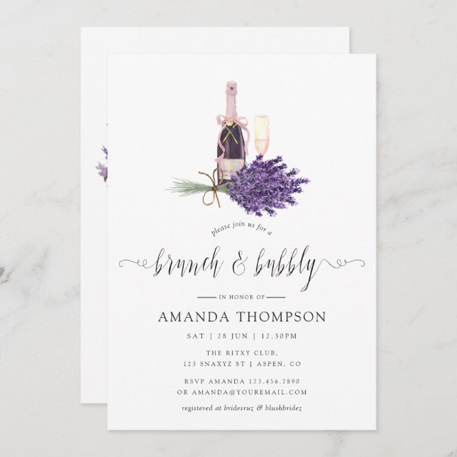 Invitation Aquarelle Lavender Cottage Chic Brunch et Bubbly (Devant / Derrière)