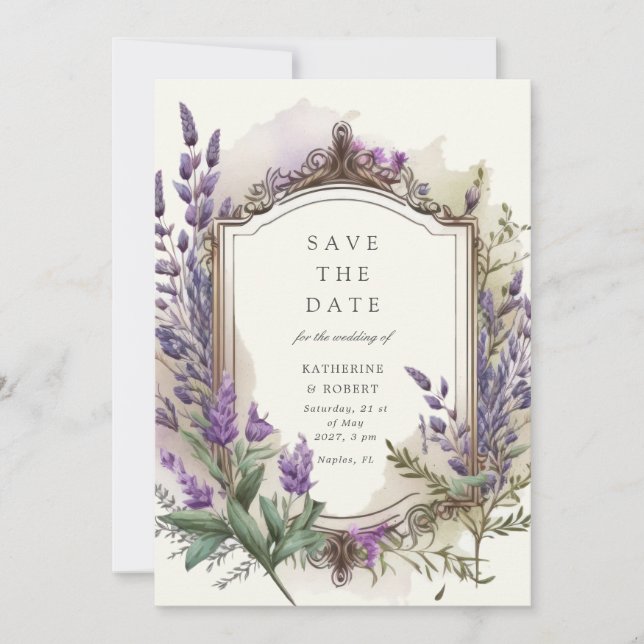 Invitation Aquarelle Lavender Floral Regal Enregistrer la dat (Devant)