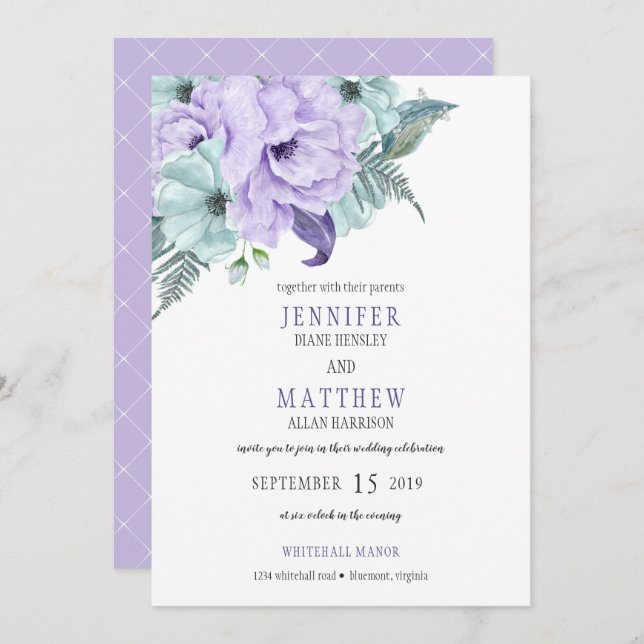 Invitation Aquarelle Lavender Mint Purple Peony Mariage (Devant / Derrière)