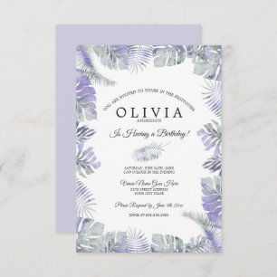 Invitation Aquarelle Lavender Mist Feuilles tropicaux Anniver