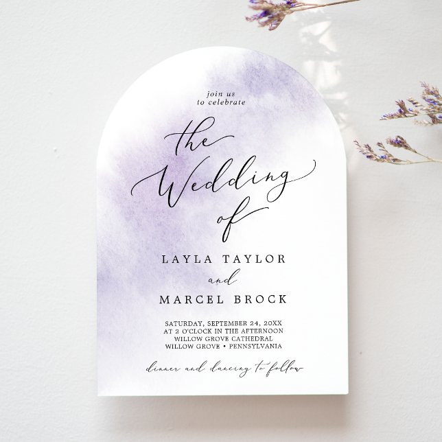 Invitation Aquarelle Laver violet Elegant Boho Arch Mariage (Watercolor Wash Purple Elegant Boho Arch Wedding Invitation)
