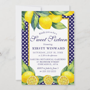 Invitation Aquarelle Lemon Floral Blue Polka Dot Sweet 16