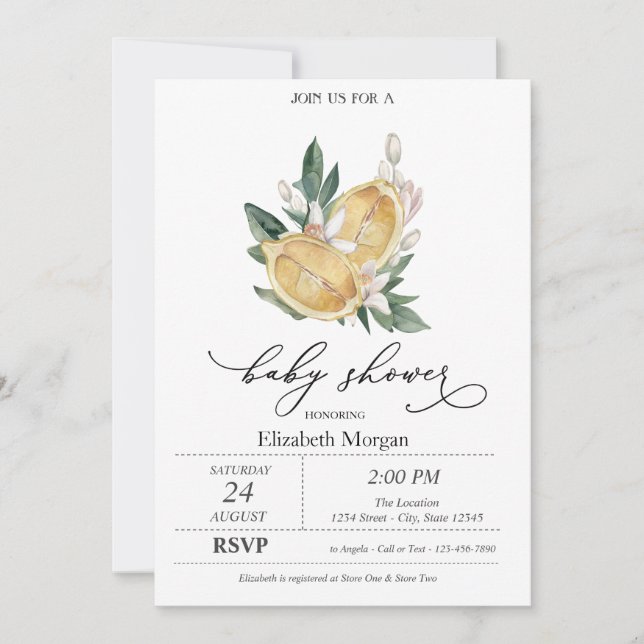 Invitation Aquarelle Lemons Baby shower botanique (Devant)
