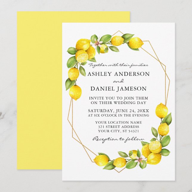 Invitation Aquarelle Lemons Verdure Geo Mariage cadre (Devant / Derrière)