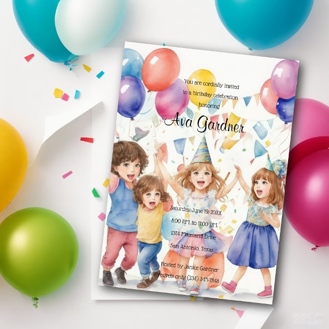 Invitation Aquarelle Les enfants célèbrent l'anniversaire (Créateur téléchargé)