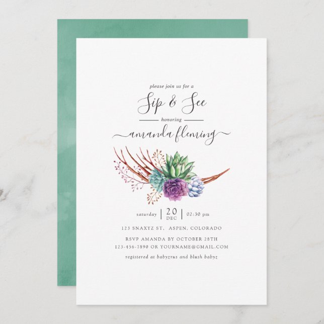 Invitation Aquarelle Les succulents du désert Sip and See (Devant / Derrière)