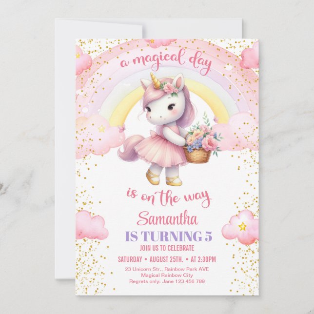 Invitation Aquarelle licorne avec robe tutu et fleurs 5ème (Devant)