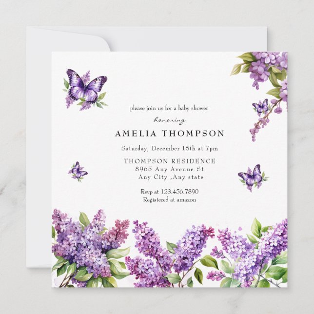 Invitation Aquarelle Lilac | Baby shower floral (Devant)