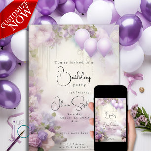 Invitation Aquarelle Lilac Blooms et Ballons QR Anniversaire