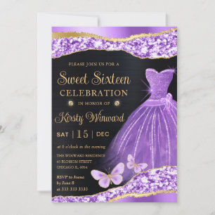 Invitation Aquarelle Lilac Gold Parties scintillant Robe Swee