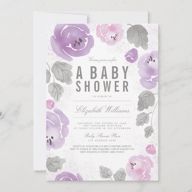 Invitation Aquarelle Lilac Roses Baby shower romantique Invit (Devant)