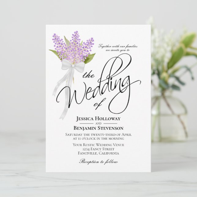 Invitation Aquarelle Lilacs Bouquet Rustique Boho Mariage (Debout devant)