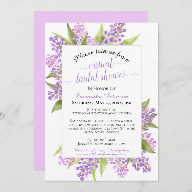 Invitation Aquarelle Lilacs Floral Fête des mariées virtuelle (Devant / Derrière)