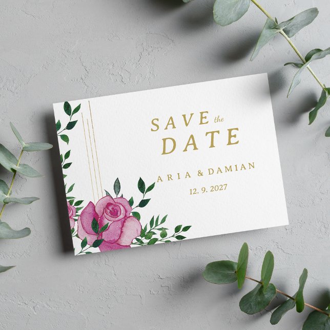 Invitation Aquarelle lilas vert or floral Enregistrer la date (Watercolor lilac green gold floral Save the Date )
