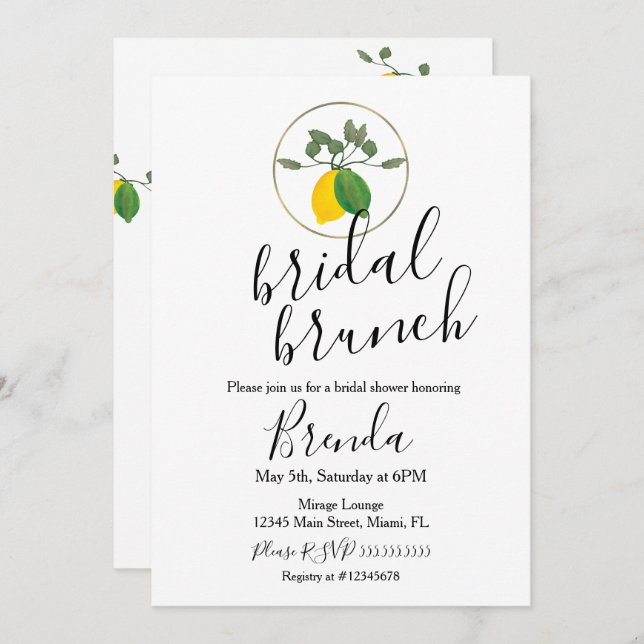 Invitation Aquarelle Limoncillo Lime Lemon Fête des mariées I (Devant / Derrière)