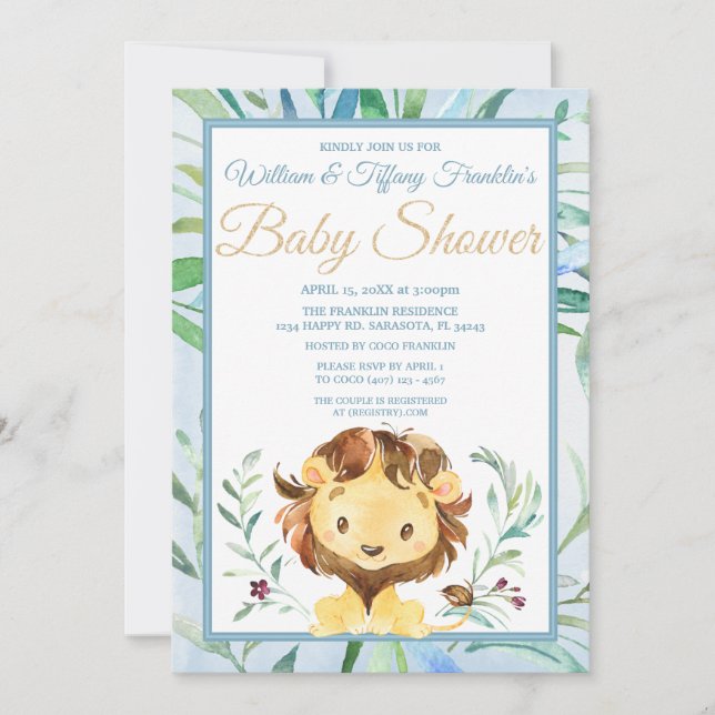 Invitation Aquarelle Lion Boy's Blue Baby shower (Devant)