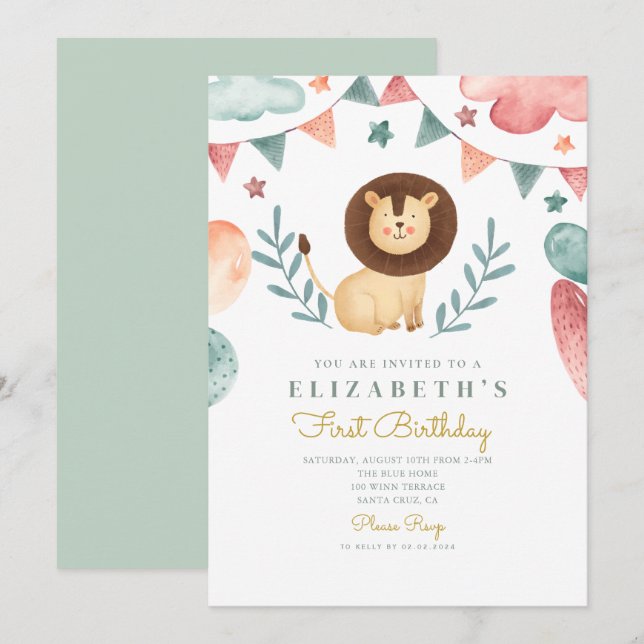 Invitation Aquarelle Lion Cute Baloes 1er anniversaire (Devant / Derrière)
