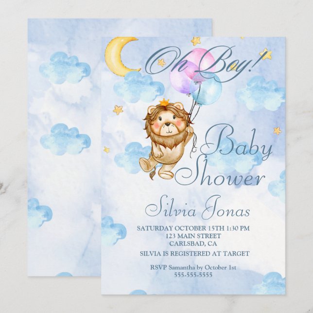 Invitation Aquarelle Lion jungle animal baby shower Garçon (Devant / Derrière)