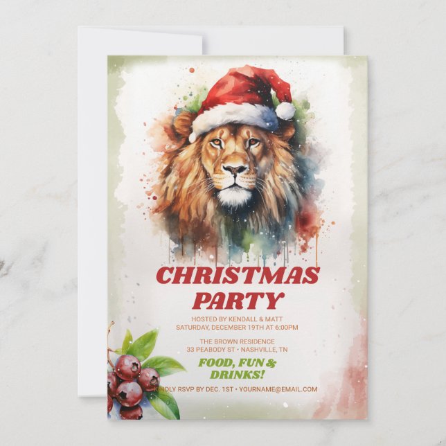 Invitation Aquarelle Lion Noël (Devant)