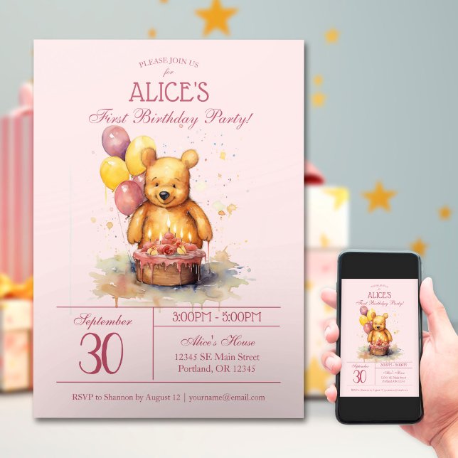 Invitation Aquarelle Little Bear Party | Premier anniversaire (Créateur téléchargé)