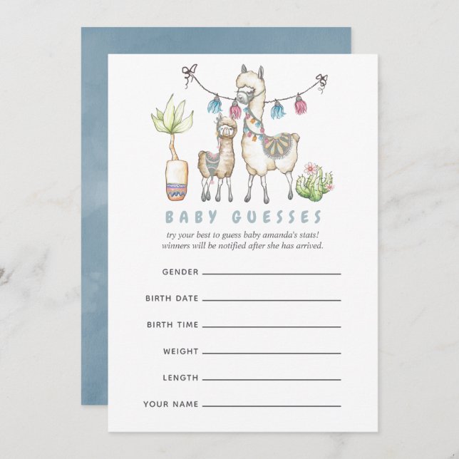 Invitation Aquarelle Llama thème Baby shower Guesser Jeu (Devant / Derrière)