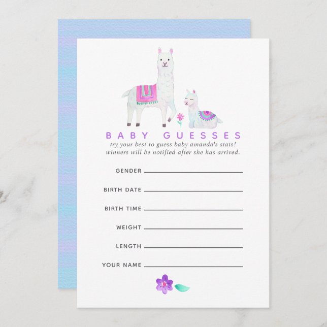 Invitation Aquarelle Llama thème Baby shower Guesser Jeu (Devant / Derrière)