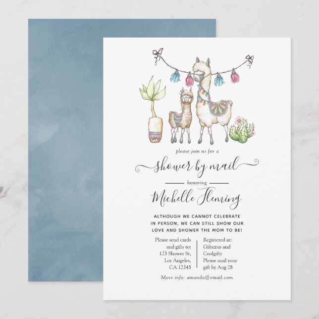 Invitation Aquarelle Llama thème Baby shower par Mail (Devant / Derrière)
