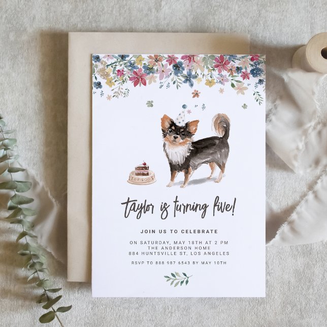 Invitation Aquarelle Long Haied Chihuahua fête d'anniversaire (Celebrate your furry friend’s special day with our charming black Chihuahua birthday invitation.)