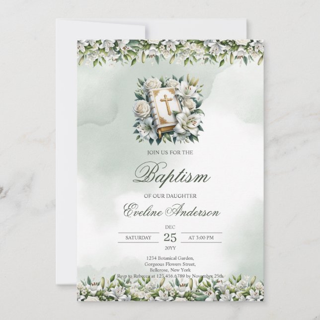 Invitation Aquarelle Lys blancs Holly Bible Baptême (Devant)