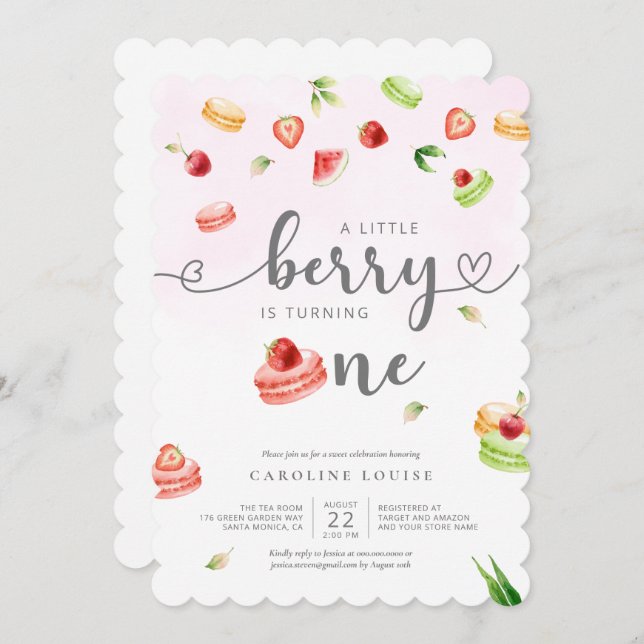 Invitation Aquarelle Macarons Little Berry Baby shower Invit (Devant / Derrière)
