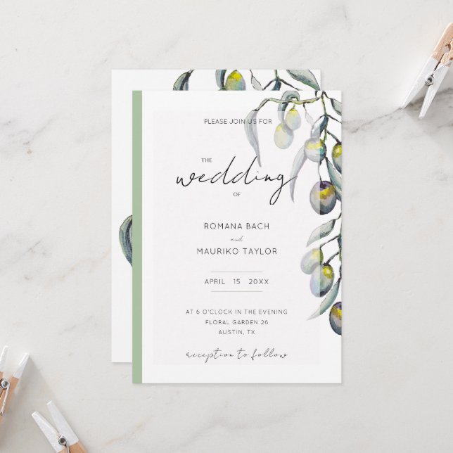 Invitation Aquarelle magique à branche d'olivier peinte à la  (Devant/Arrière en situation)