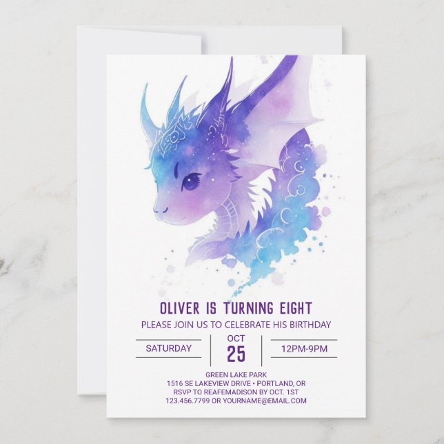 Invitation Aquarelle magique : Anniversaire du dragon (Devant)