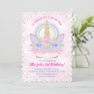 Invitation Aquarelle magique arc-en-ciel Unicorn rose Anniver