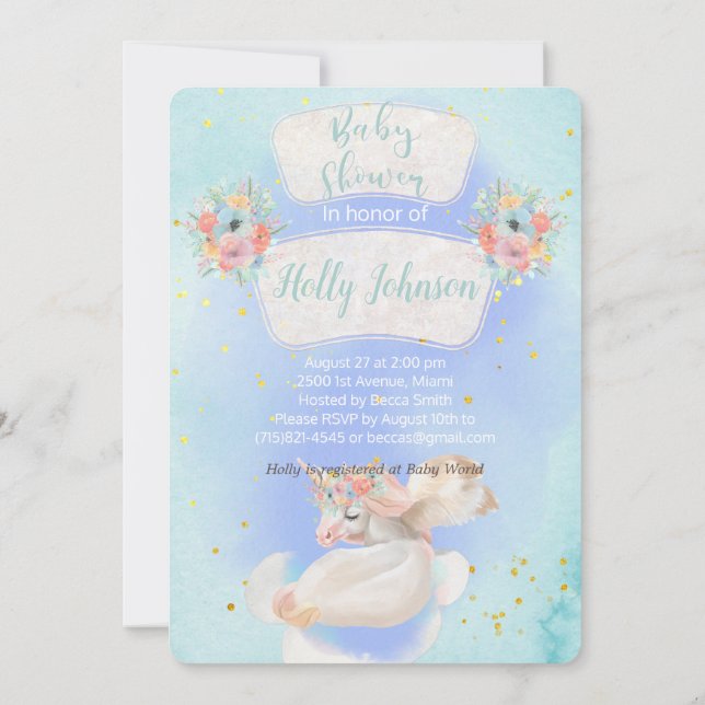 Invitation Aquarelle magique Baby shower Unicorne bleu doux (Dos)