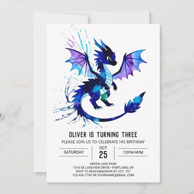 Invitation Aquarelle Magique Dragon Digital Boy Anniversaire (Devant)