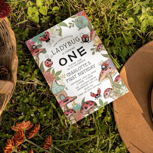 Invitation Aquarelle magique mignonne Ladybug Girls 1er anniv (Créateur téléchargé)