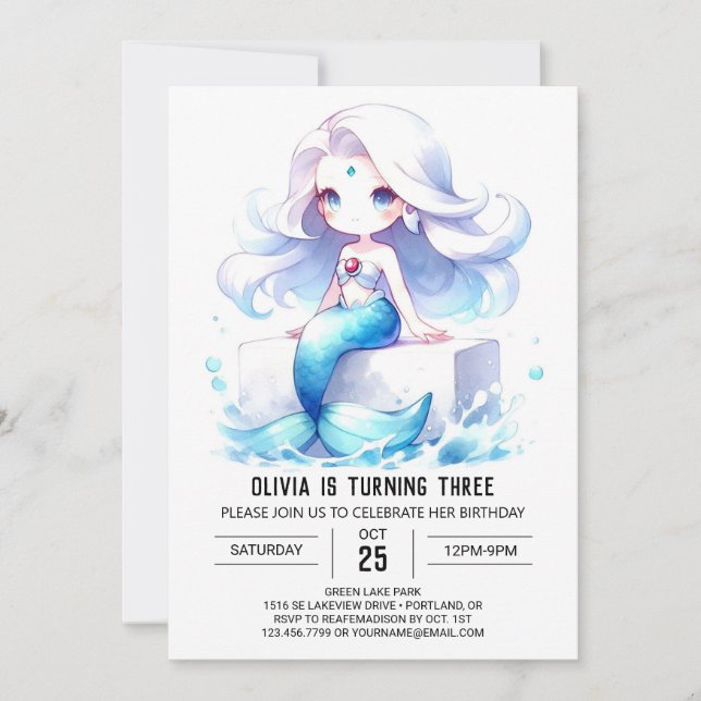Invitation Aquarelle Magique Sirène Anniversaire (Devant)