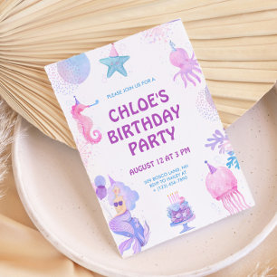 Invitation Aquarelle Magique Sirène violet rose rose