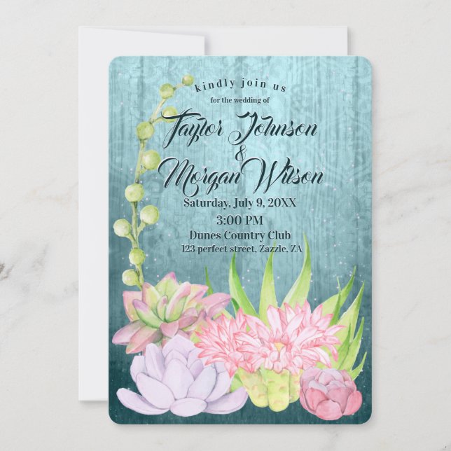 Invitation Aquarelle magique Succulents Mariage Turquoise (Devant)