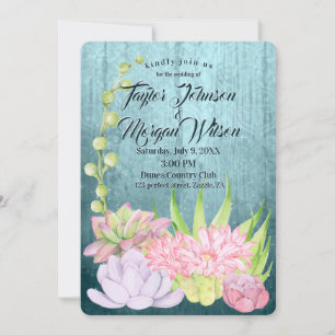 Invitation Aquarelle magique Succulents Mariage Turquoise