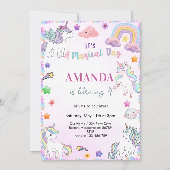 Invitation Aquarelle magique Unicorn Fille anniversaire (Devant)