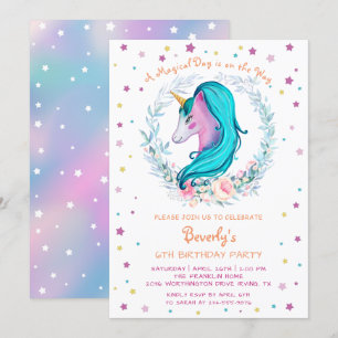 Invitation Aquarelle magique Unicorne Floral Anniversaire