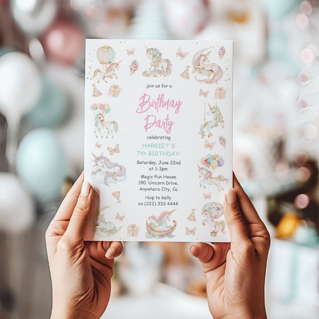 Invitation Aquarelle Magique Unicornes N'importe quel âge Ann (Créateur téléchargé)